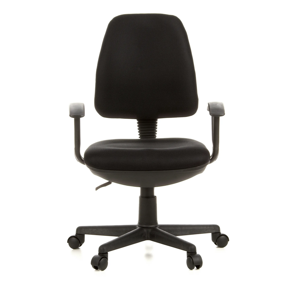 Schwarzer Homeoffice-Bürostuhl CITY 10 mit Netzrücken, Armlehnen und Fußkreuz mit fünf Rollen von hjh OFFICE – 360-Grad-Ansicht (Frontansicht 0°)