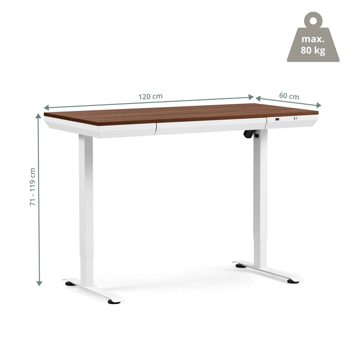 Maßzeichnung des elektrisch höhenverstellbaren Schreibtischs Worktime Plus mit 120 × 60 cm von hjh OFFICE