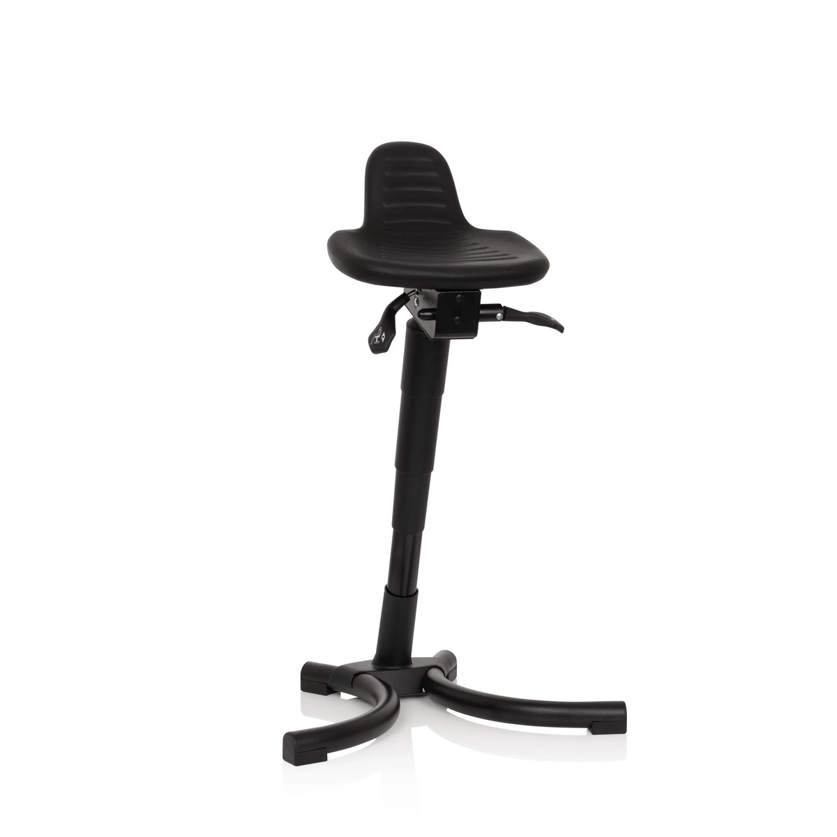 Schwarze Stehhilfe TOP WORK 34 mit Sitzfläche, Rückenlehne und vierfußigem Standfuß von hjh OFFICE – 360-Grad-Ansicht (Frontansicht 20°)