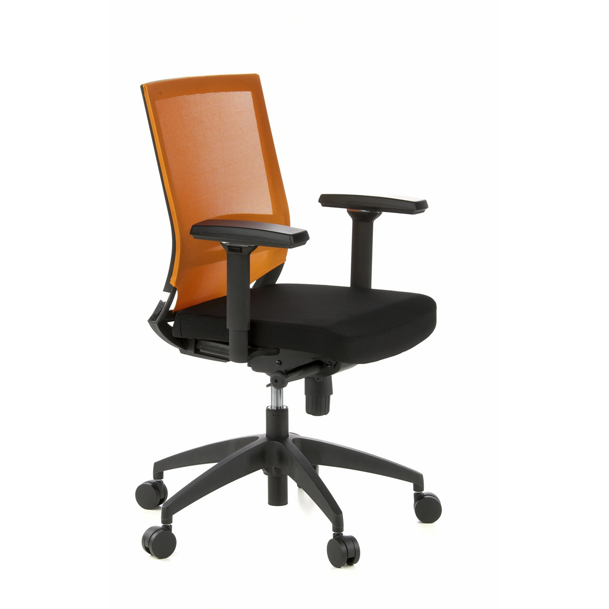 Schwarz-orangefarbener Profi-Bürostuhl PORTO BASE mit Netzrücken und Fußkreuz mit fünf Rollen von hjh OFFICE – 360-Grad-Ansicht (schräge Frontansicht 60°)