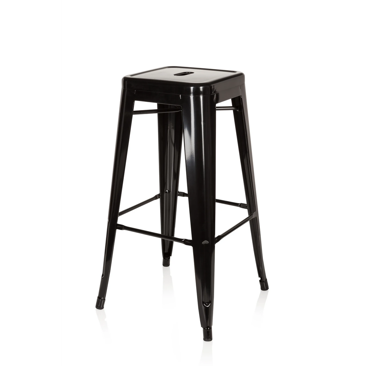 Schwarzer Barhocker VANTAGGIO HIGH mit quadratischer Sitzfläche und Verstrebungen von hjh OFFICE – 360-Grad-Ansicht (schräge Frontansicht 60°)