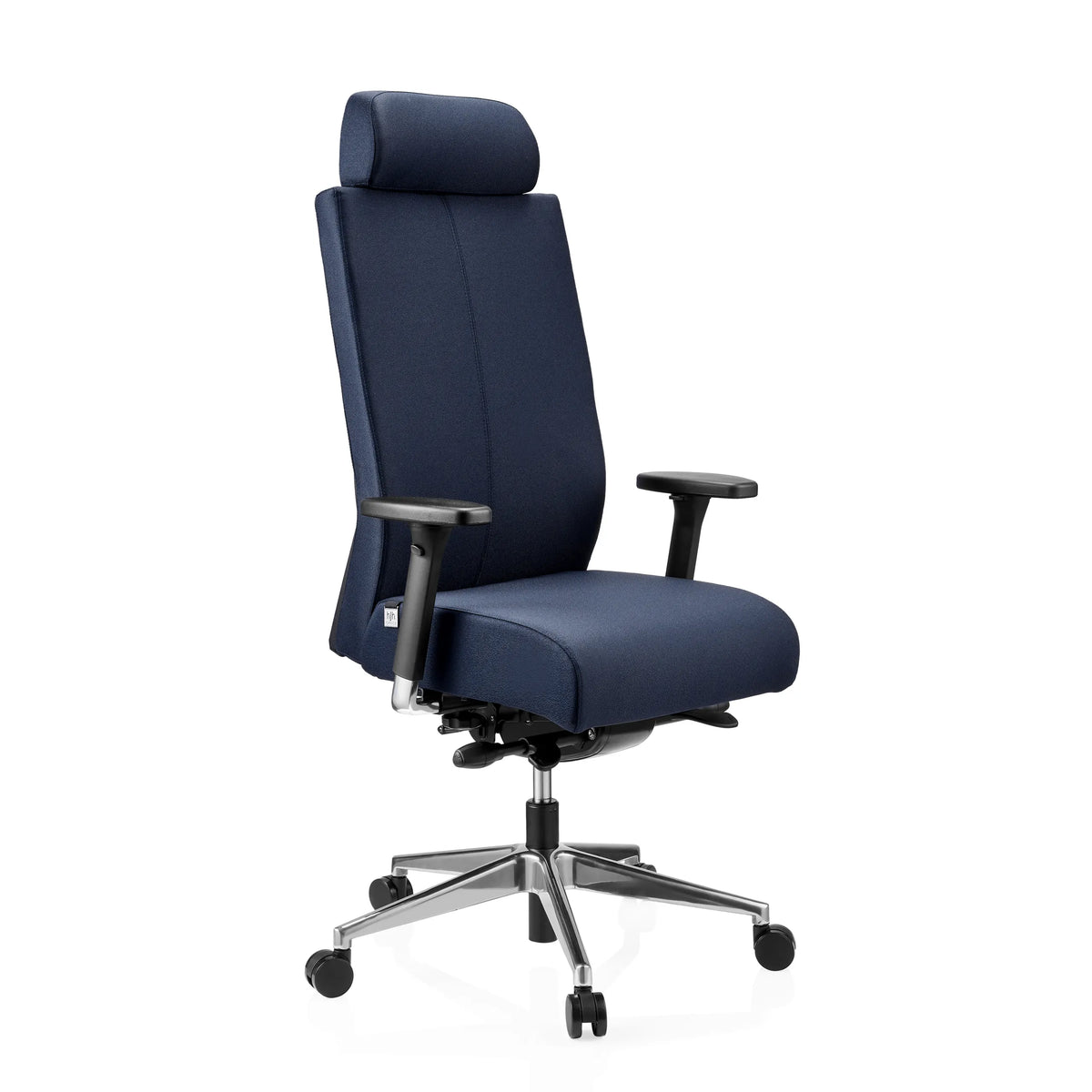 Blauer Profi-Bürostuhl PRO-TEC XXL mit Kopfstütze und Fußkreuz mit fünf Rollen von hjh OFFICE – 360-Grad-Ansicht (schräge Frontansicht 45°)
