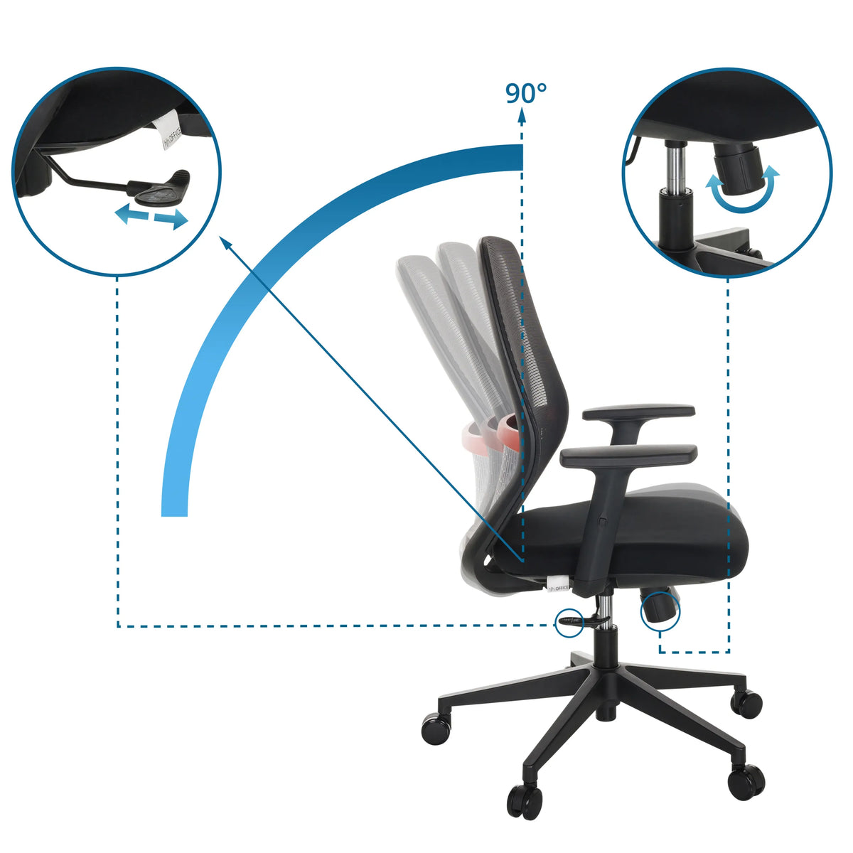 Verstellbare Rückenlehne mit 90 Grad Neigung des Profi-Bürostuhls CARLOW I von hjh OFFICE