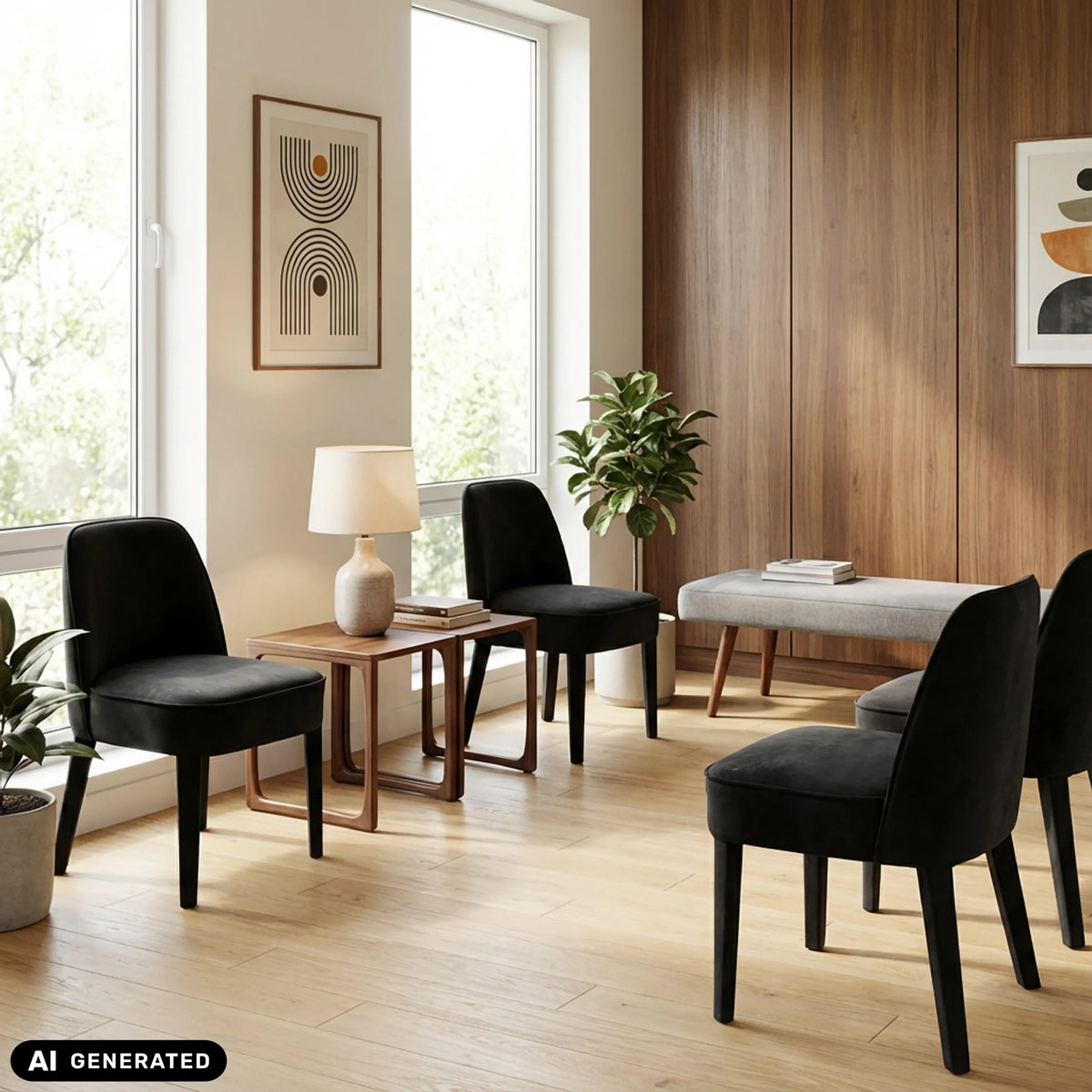 Schwarze Polsterstühle Chelsea UP1 in einem modern eingerichteten Raum von Grospol (KI-generiertes Bild)