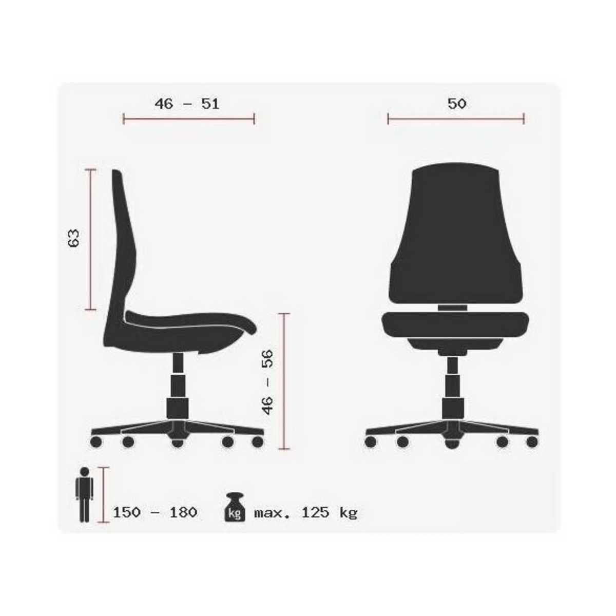 Technische Zeichnung des Profi-Bürostuhls ZERO M15 mit einer maximalen Belastbarkeit von 125 kg von Sitwell Steifensand
