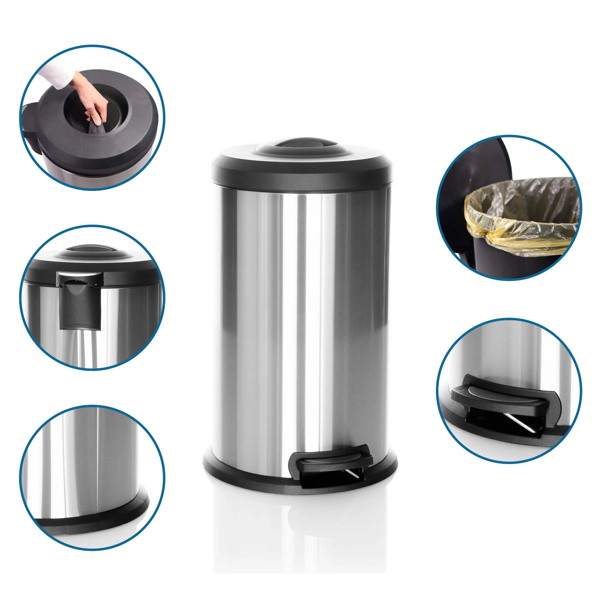 Mülleimer CLEAN X in Silber mit Fußpedal, abnehmbarem Deckel und Kunststoff-Müllbeutel von hjh OFFICE