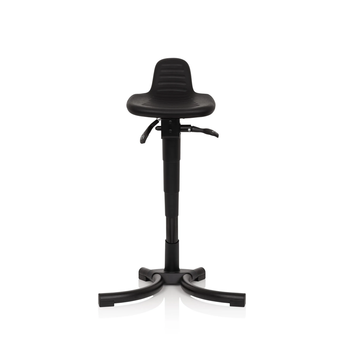 Schwarze Stehhilfe TOP WORK 34 mit Sitzfläche, Rückenlehne und vierfußigem Standfuß von hjh OFFICE – 360-Grad-Ansicht (Frontansicht 0°)