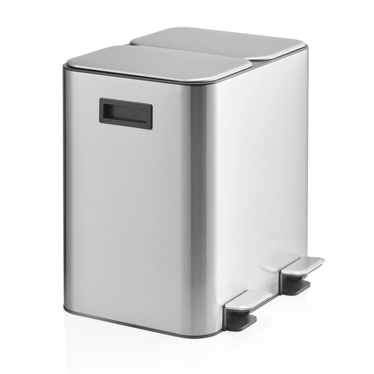 Silberner Mülleimer Clean 10 mit zwei geteilten Deckeln und zwei Trittpedalen von hjh OFFICE – 360-Grad-Ansicht (schräge Frontansicht 60°)