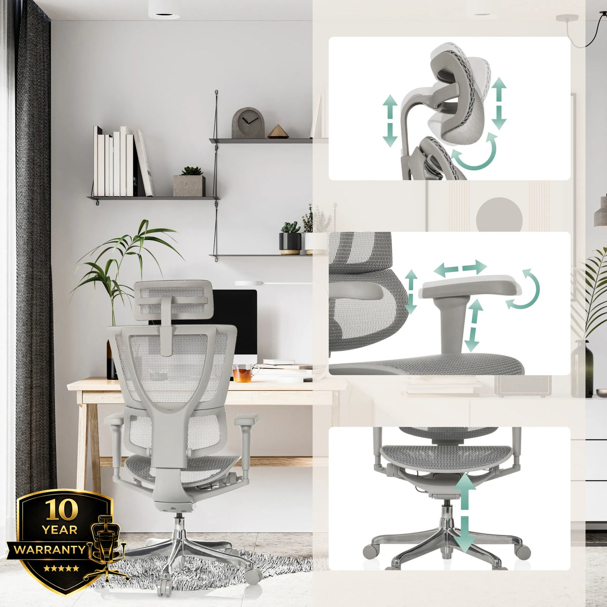 Verstellbare Kopfstütze, Armlehnen und Gasfeder des Luxus-Chefsessels ERGOHUMAN SLIM ULTRA G GEN2 in Grau von hjh OFFICE