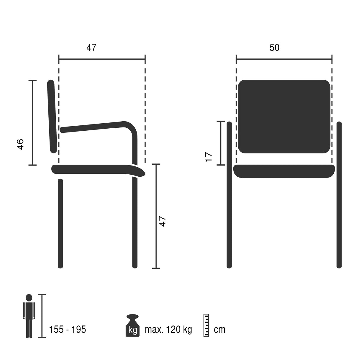 Technische Zeichnung des Polsterstuhls Lifea Flex mit einer Breite von 50 cm und einer Höhe von 46 cm von hjh LIVING