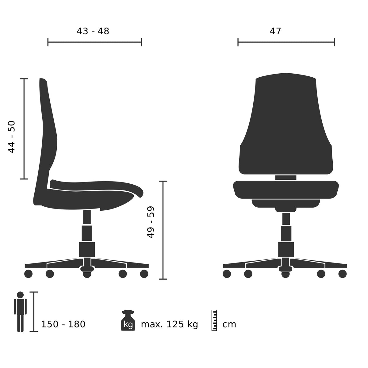 Technische Zeichnung des High-End-Bürostuhls PICASSO mit einer maximalen Belastbarkeit von 125 kg von Sitwell Steifensand