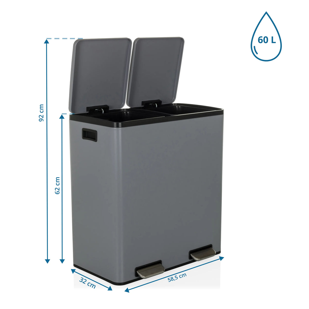 Maßansicht des Mülleimers Clean 13 mit 60 L Fassungsvermögen und 58,5 x 32 cm von hjh OFFICE