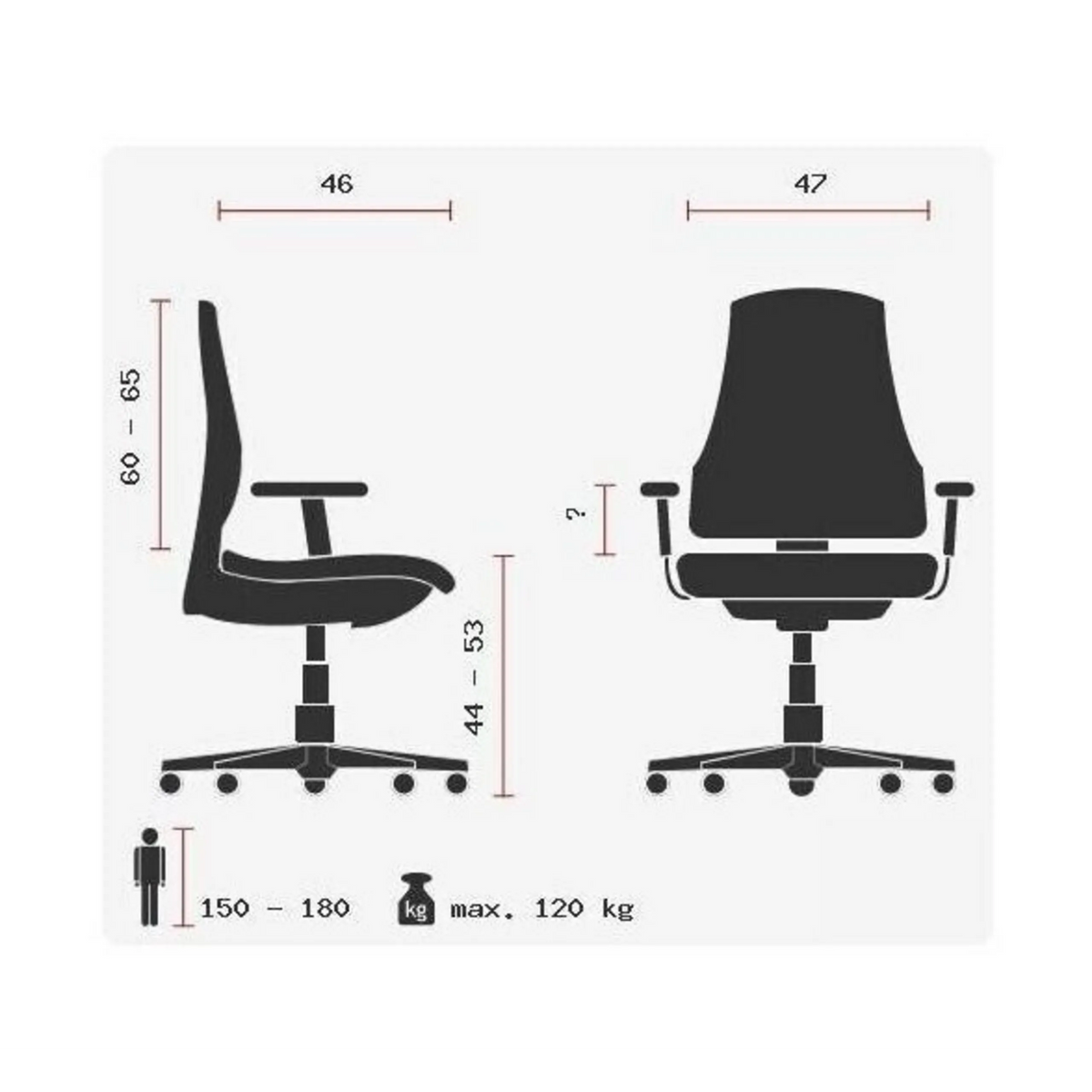 Technische Zeichnung des High-End-Bürostuhls ZERO 67 mit einer Belastbarkeit bis 120 kg von Sitwell Steifensand