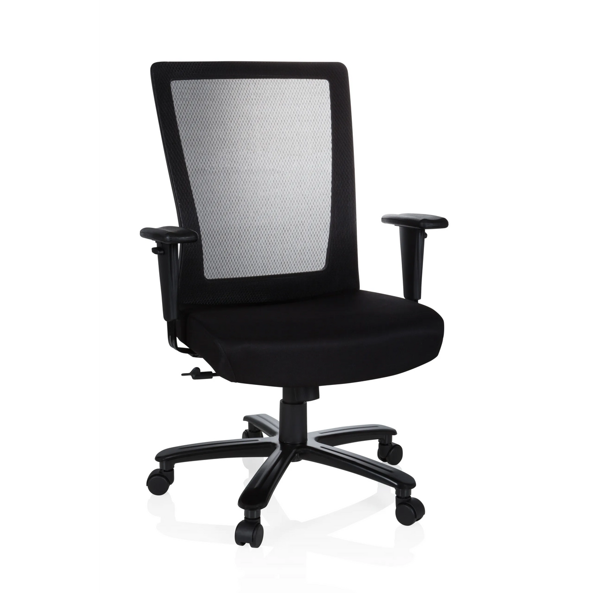 Schwarzer Drehstuhl XXL EXTENDER mit Netzrücken und Fußkreuz mit fünf Rollen von hjh OFFICE – 360-Grad-Ansicht (Frontansicht 20°)