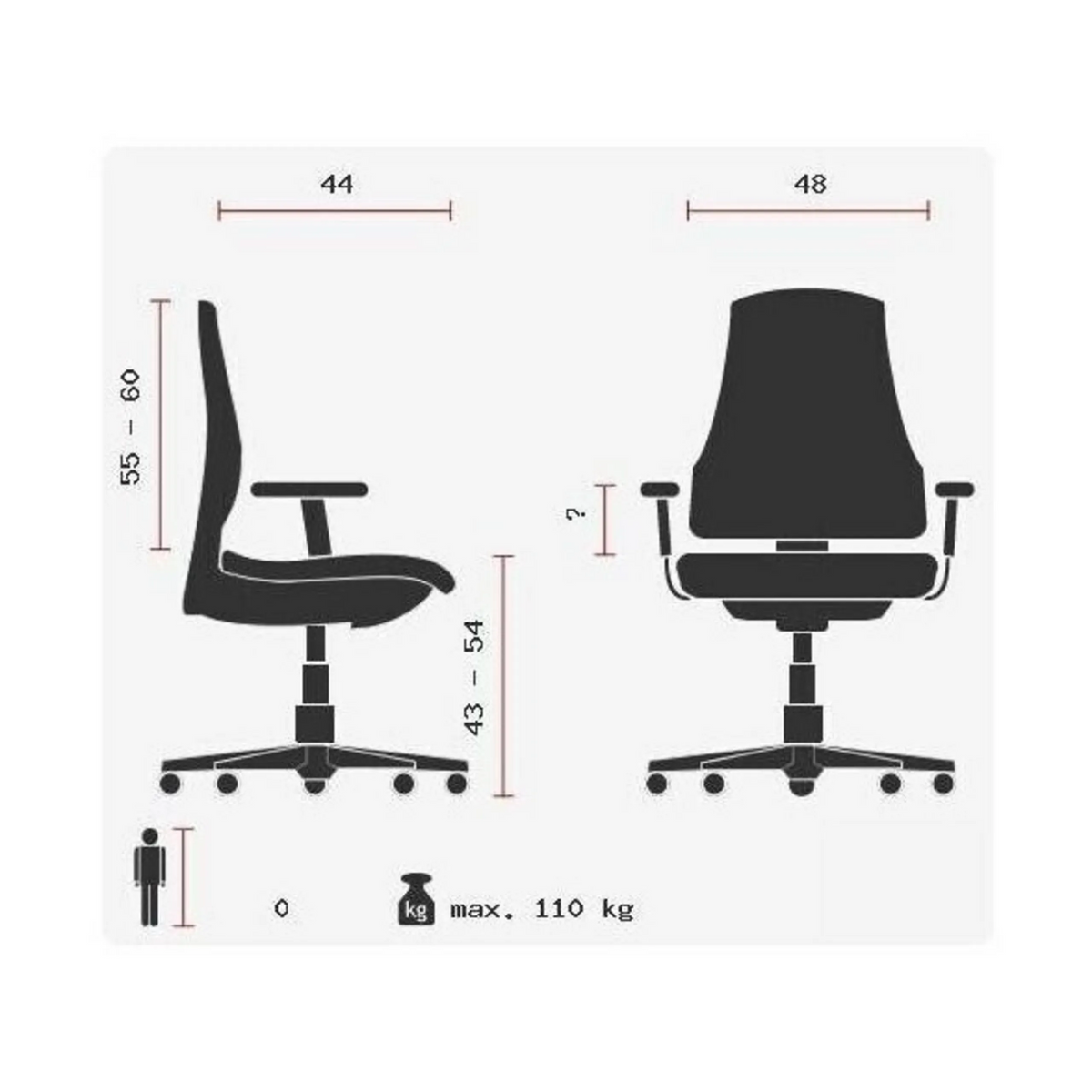 Technische Zeichnung des Profi-Bürostuhls SITNESS 15 U2 mit einer maximalen Belastbarkeit von 110 kg von Topstar