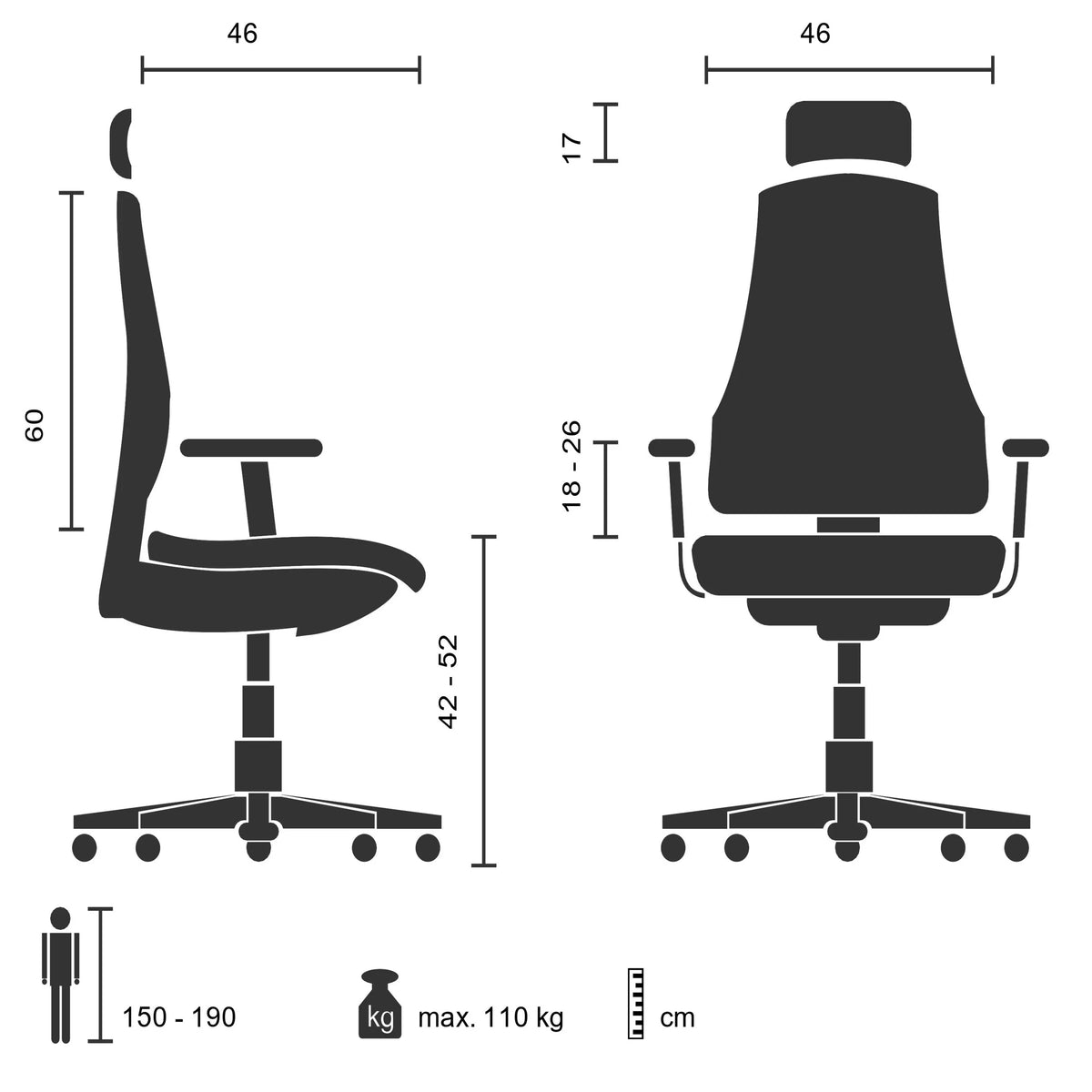 Technische Zeichnung des Profi-Bürostuhls CAYEN mit einer Breite von 46 cm von hjh OFFICE