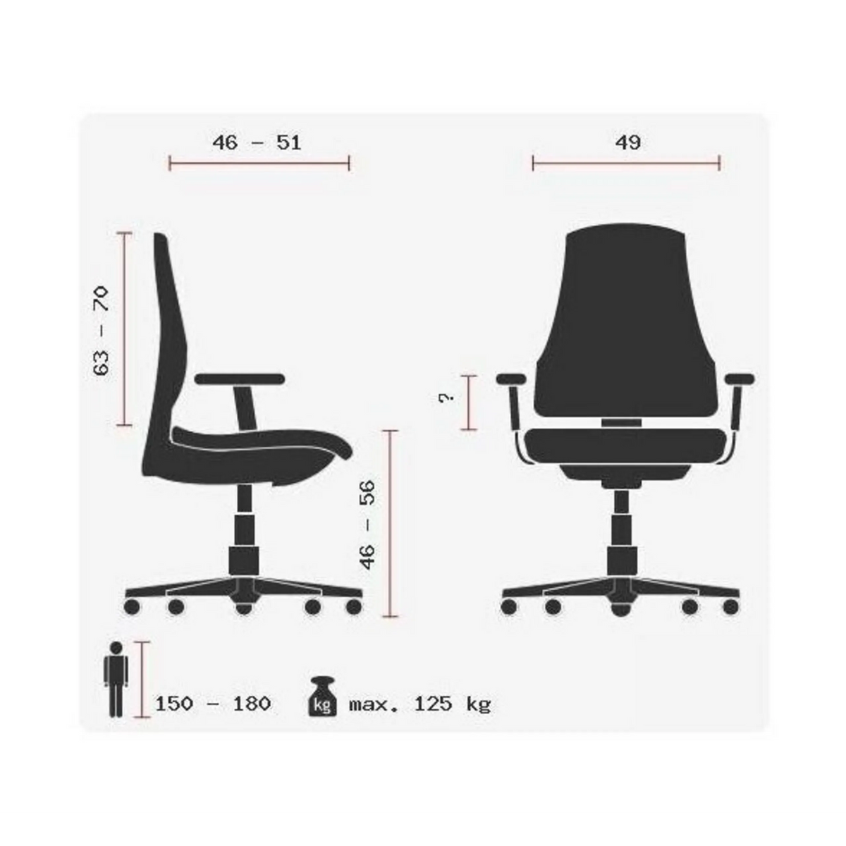 Technische Zeichnung des High-End-Bürostuhls ZERO 54 AL mit maximal 125 kg Belastbarkeit von Sitwell Steifensand