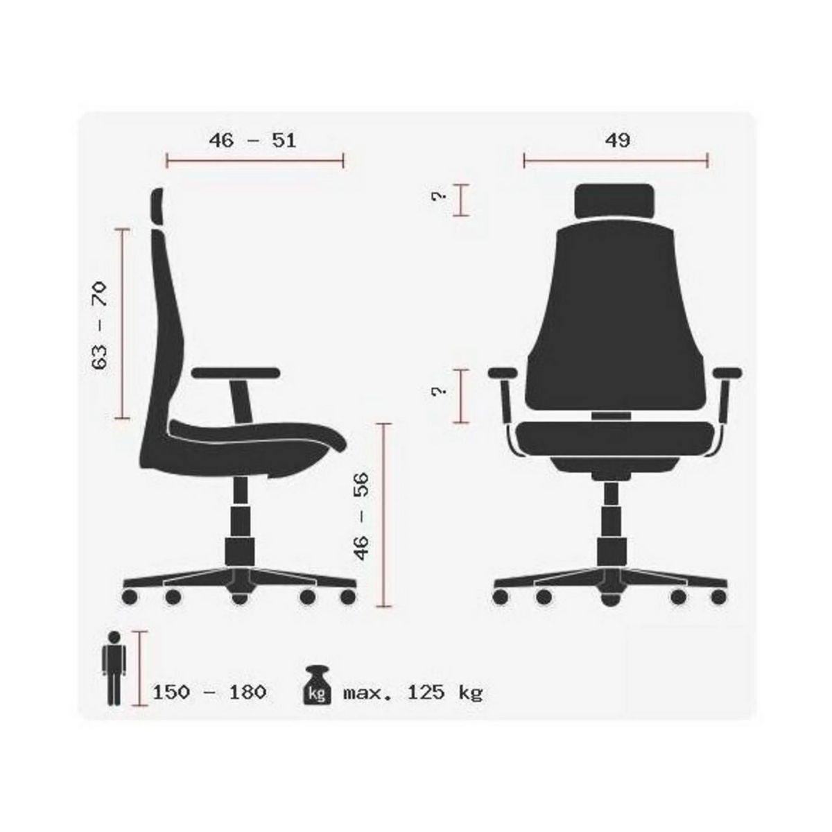 Technische Zeichnung des High-End-Bürostuhls ZERO 51 AL mit einer maximalen Belastbarkeit von 125 kg von Sitwell Steifensand