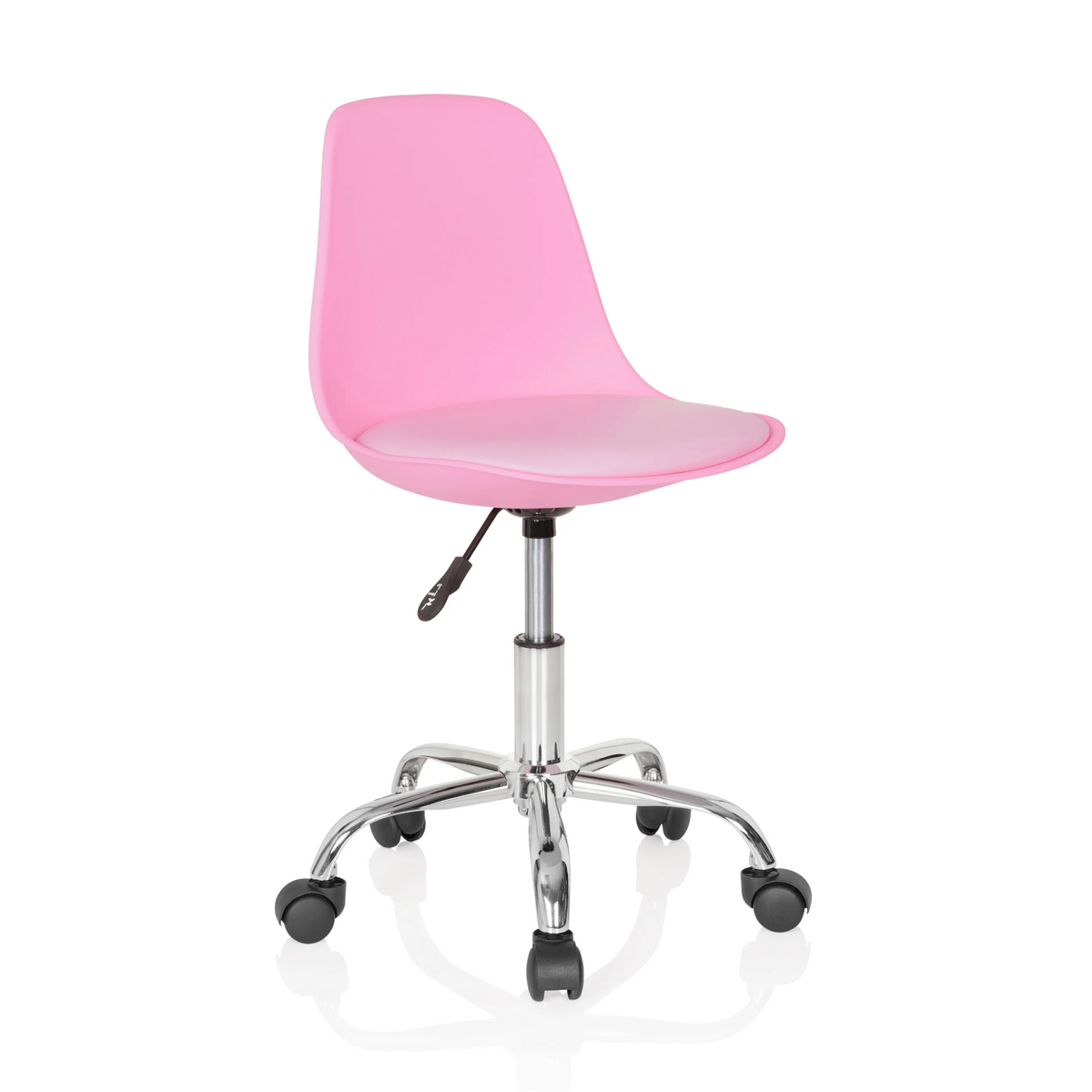 Pinker Kinderdrehstuhl FANCY II mit geschwungener Schale und Fußkreuz mit fünf Rollen von hjh OFFICE – 360-Grad-Ansicht (schräge Frontansicht 40°)