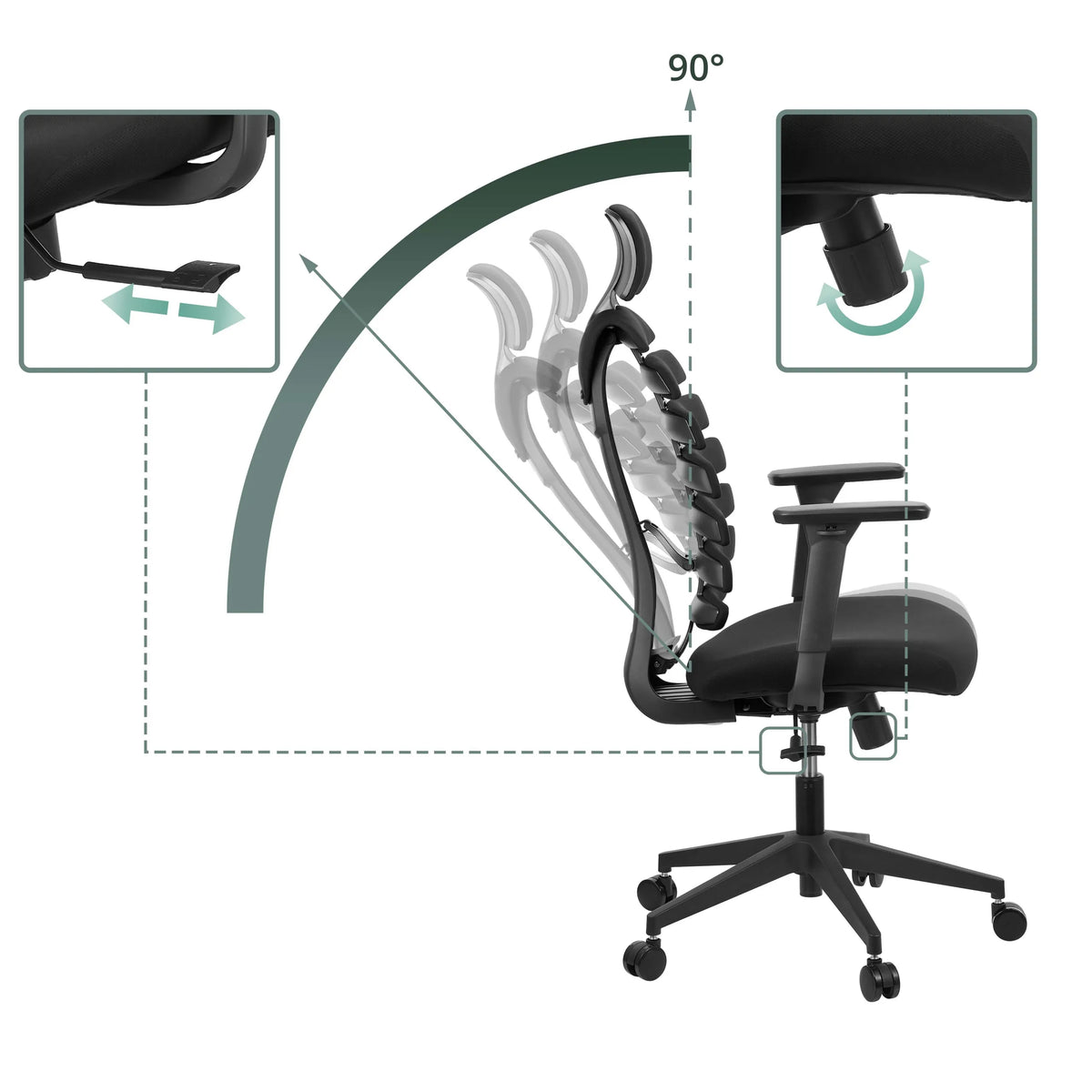 Verstellbare Rückenlehne und Armlehnen des Profi-Bürostuhls ERGO LINE ECO mit 90° Neigungswinkel von hjh OFFICE