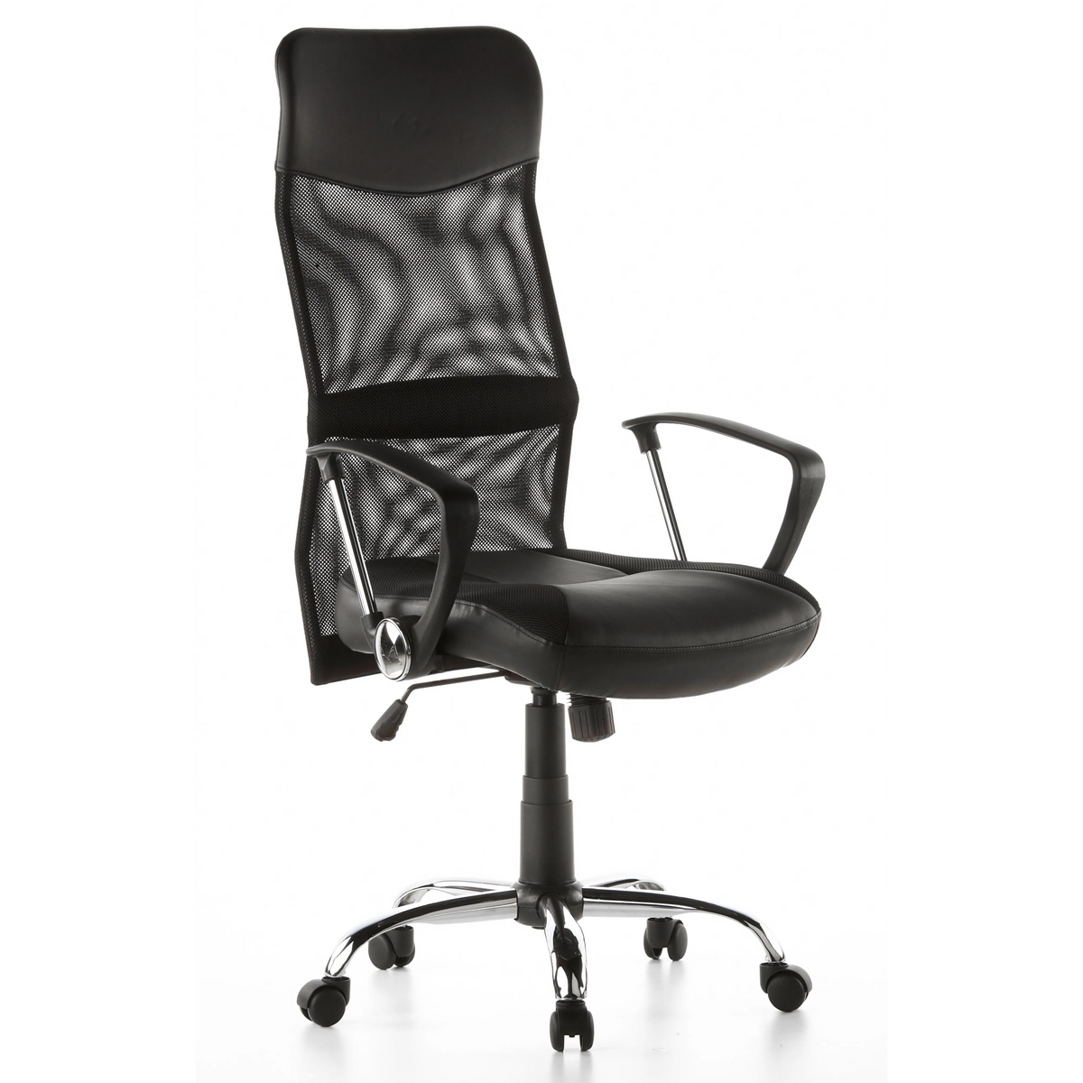 Schwarzer Homeoffice Chefsessel STRYKA mit Netzrücken, Kunstledersitz und Fußkreuz von hjh OFFICE – 360-Grad-Ansicht (schräge Frontansicht 40°)