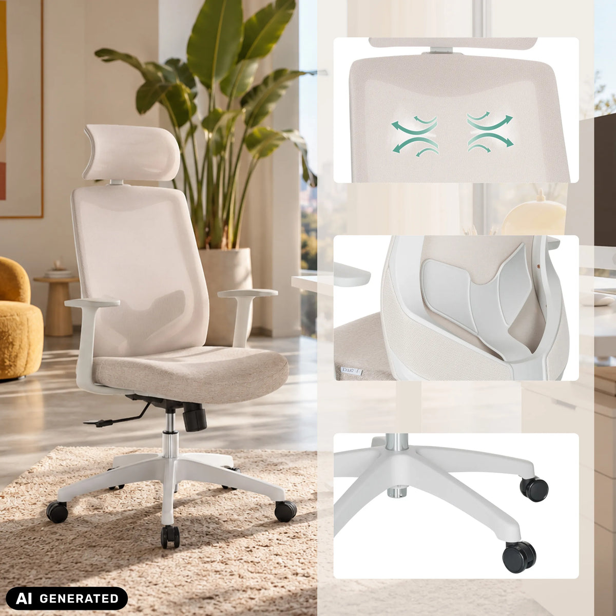 Beiger Homeoffice-Bürostuhl MIKEO W mit Netzrücken und Kopfstütze an einem Schreibtisch von hjh OFFICE