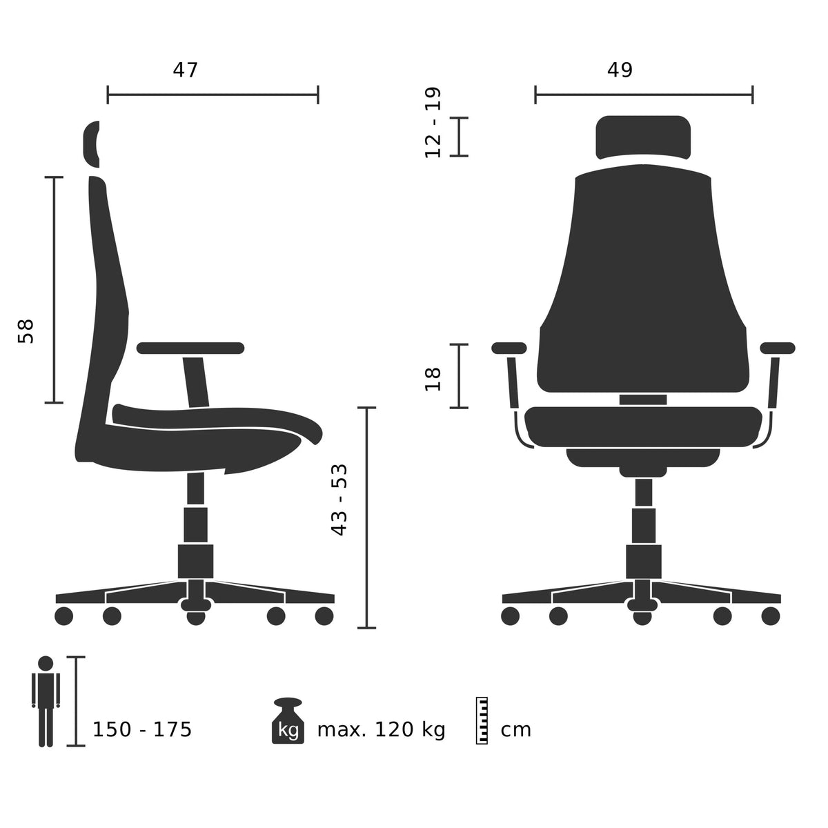 Technische Zeichnung des Home-Office-Bürostuhls BELAIA W mit einer Breite von 49 cm von hjh OFFICE