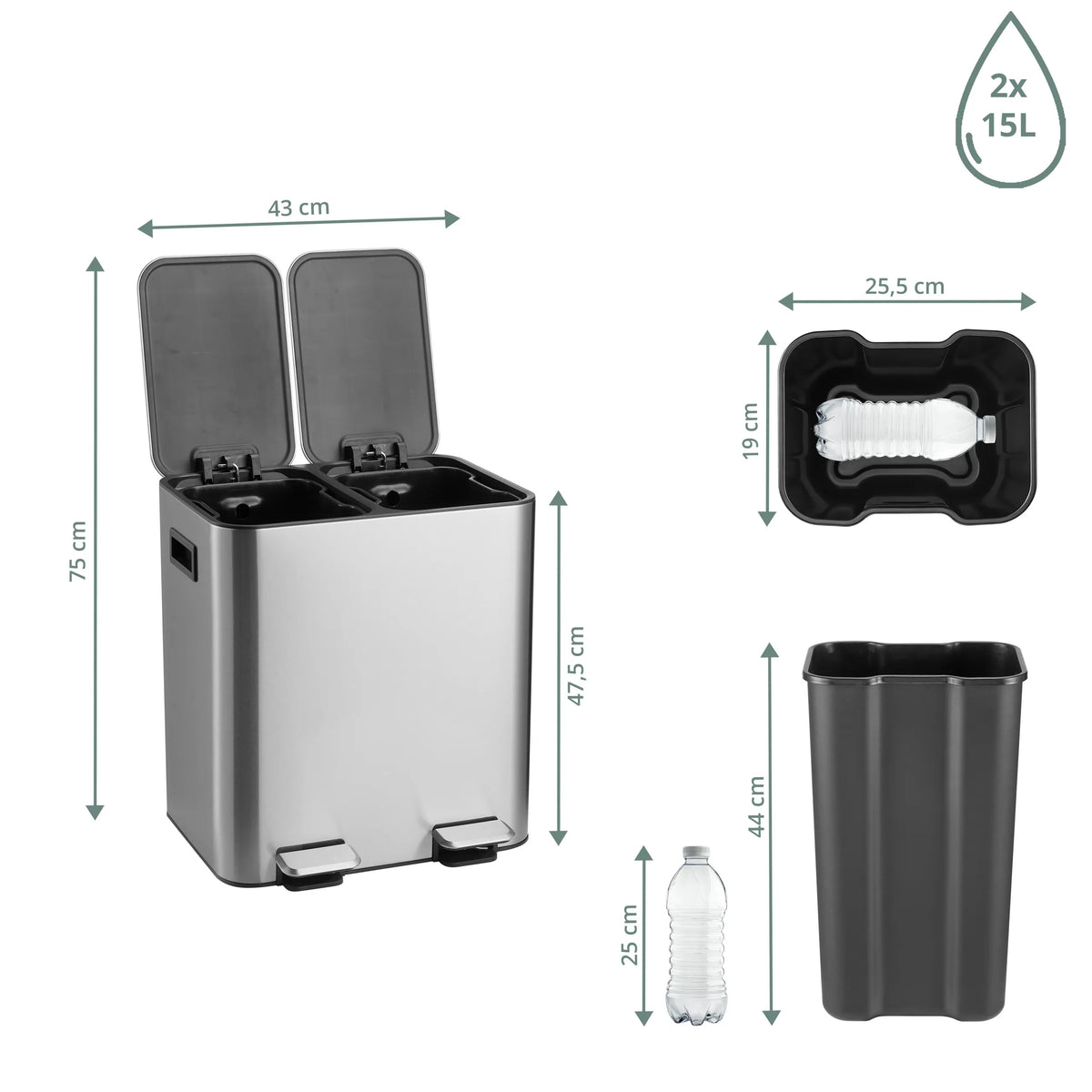 Technische Zeichnung des Mülleimers Clean 10 mit 75 x 43 cm von hjh OFFICE