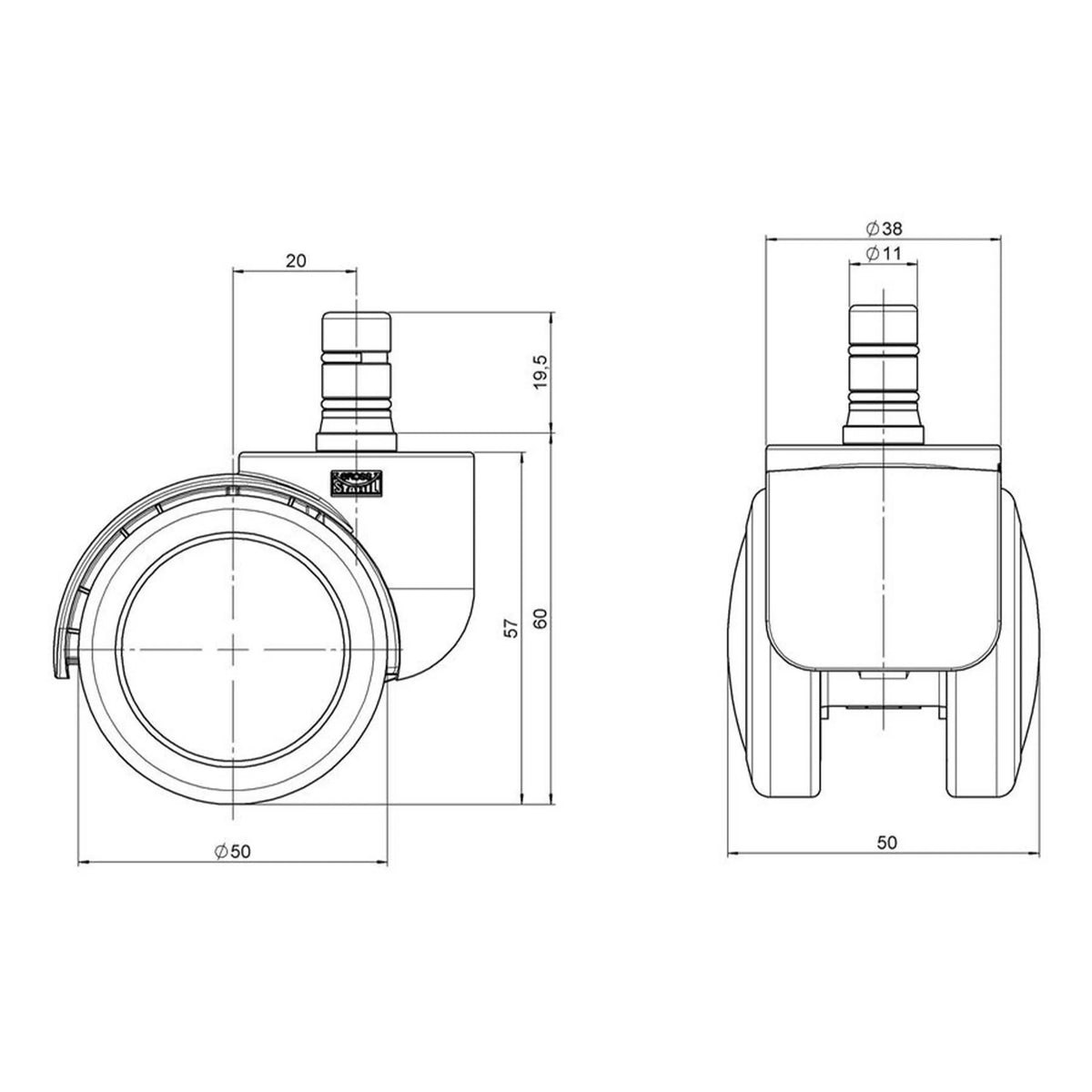 Technische Zeichnung der Stuhlrollen 5x ROLO ESD 11mm/50mm mit einem Rollendurchmesser von 50 mm von hjh OFFICE