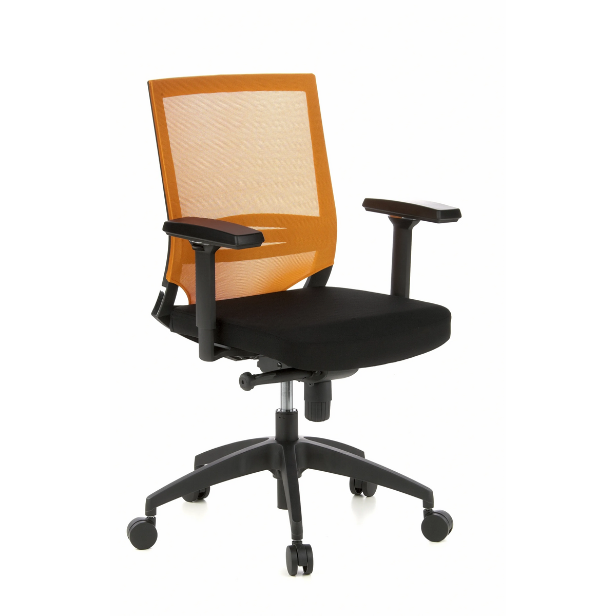 Schwarz-orangefarbener Profi-Bürostuhl PORTO BASE mit Netzrücken und Fußkreuz mit fünf Rollen von hjh OFFICE – 360-Grad-Ansicht (schräge Frontansicht 40°)