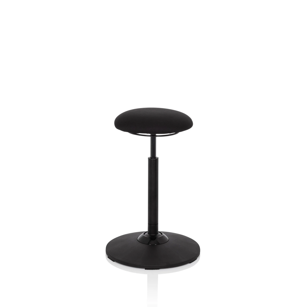 Schwarze Stehhilfe BALANCE SIT mit rundem Sitzpolster und kreisförmigem Standfuß von hjh OFFICE – 360-Grad-Ansicht (Frontansicht 0°)