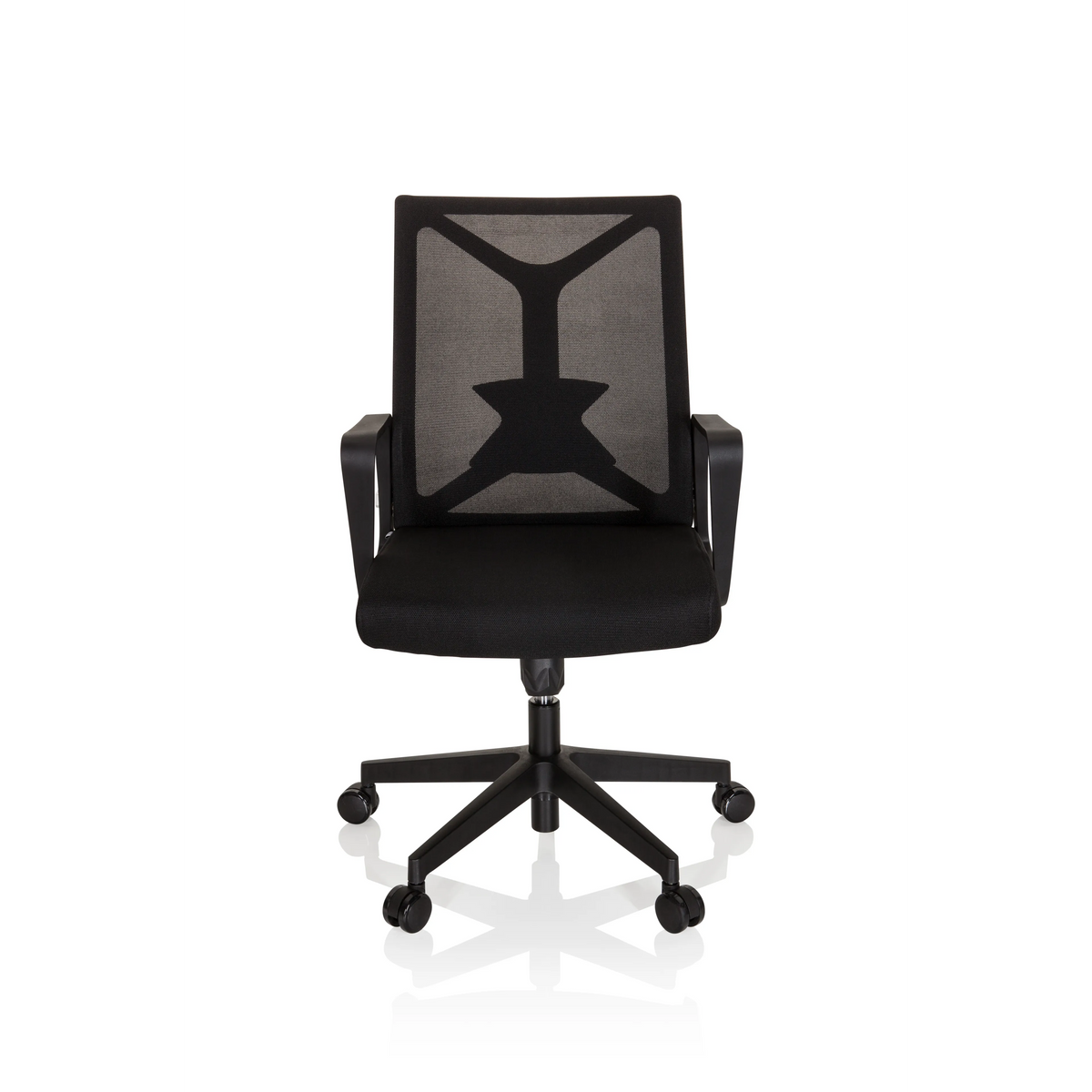 Schwarzer Homeoffice-Bürostuhl ENCO mit Netzrücken und Fußkreuz mit fünf Rollen von hjh OFFICE – 360-Grad-Ansicht (Frontansicht 0°)