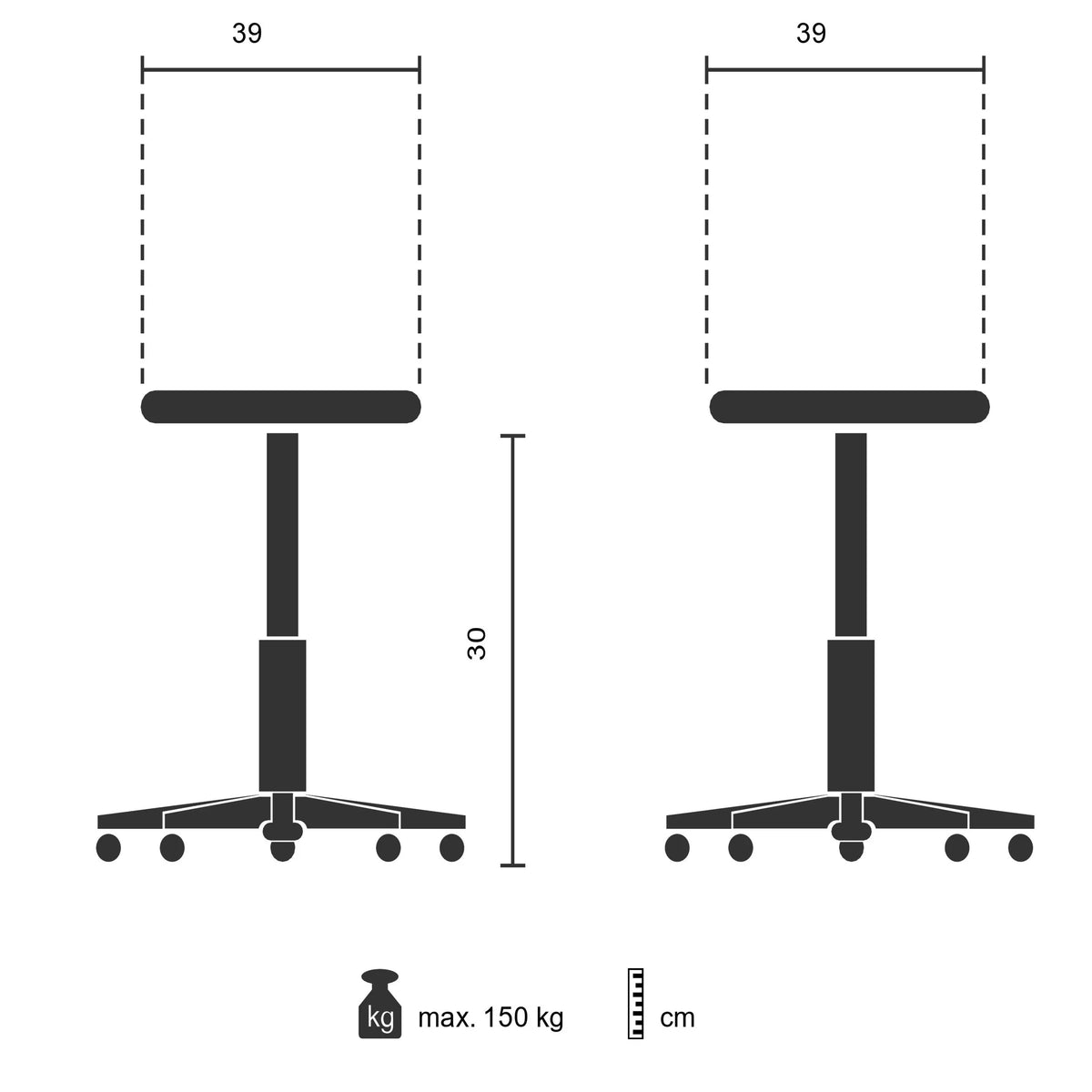 Technische Zeichnung des Tritthockers TIO-S mit 39 × 30 cm und 150 kg Belastbarkeit von hjh OFFICE