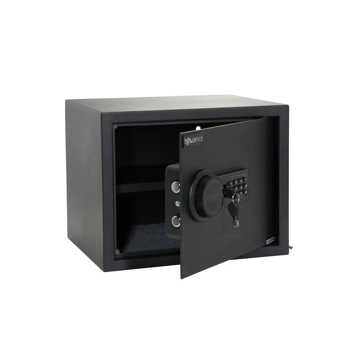 Schwarzer Tresor SAFE COMPACT mit digitalem Tastenschloss und Drehgriff von hjh OFFICE – 360-Grad-Ansicht (schräge Rückenansicht 120°)