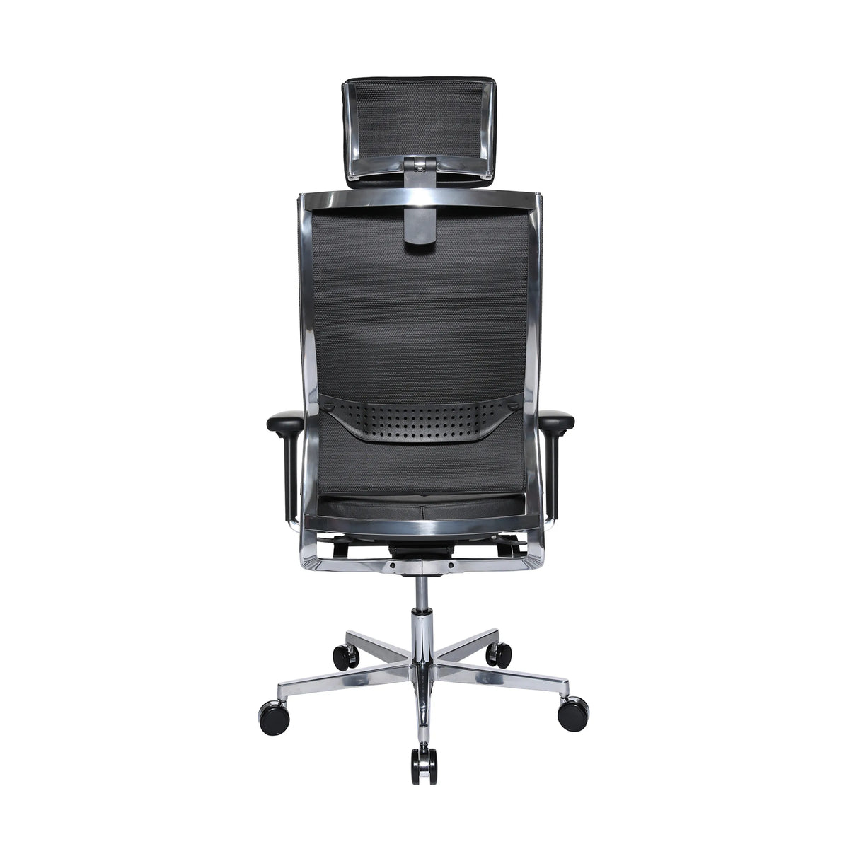 Rückansicht des Chefsessel New Aluart Classic Leder in Schwarz mit Netzrückenlehne und Kopfstütze von Topstar