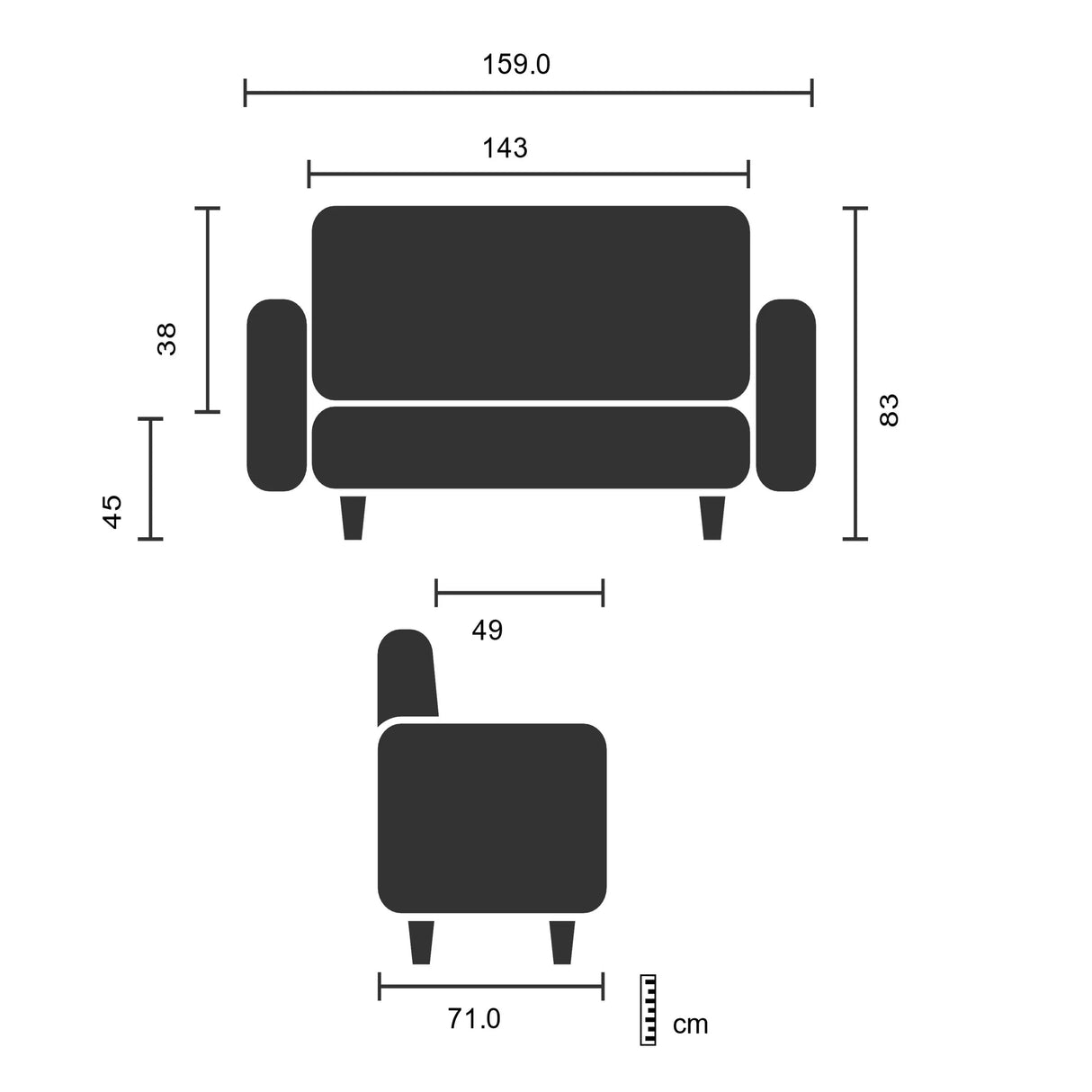 Technische Zeichnung des Loungesofas BALI BLACK mit einer Breite von 159 cm von hjh OFFICE