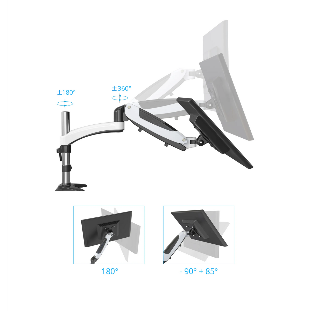 Verstellbereiche der Monitorhalterung VM-MG2 mit Dreh- und Neigewinkeln von hjh OFFICE