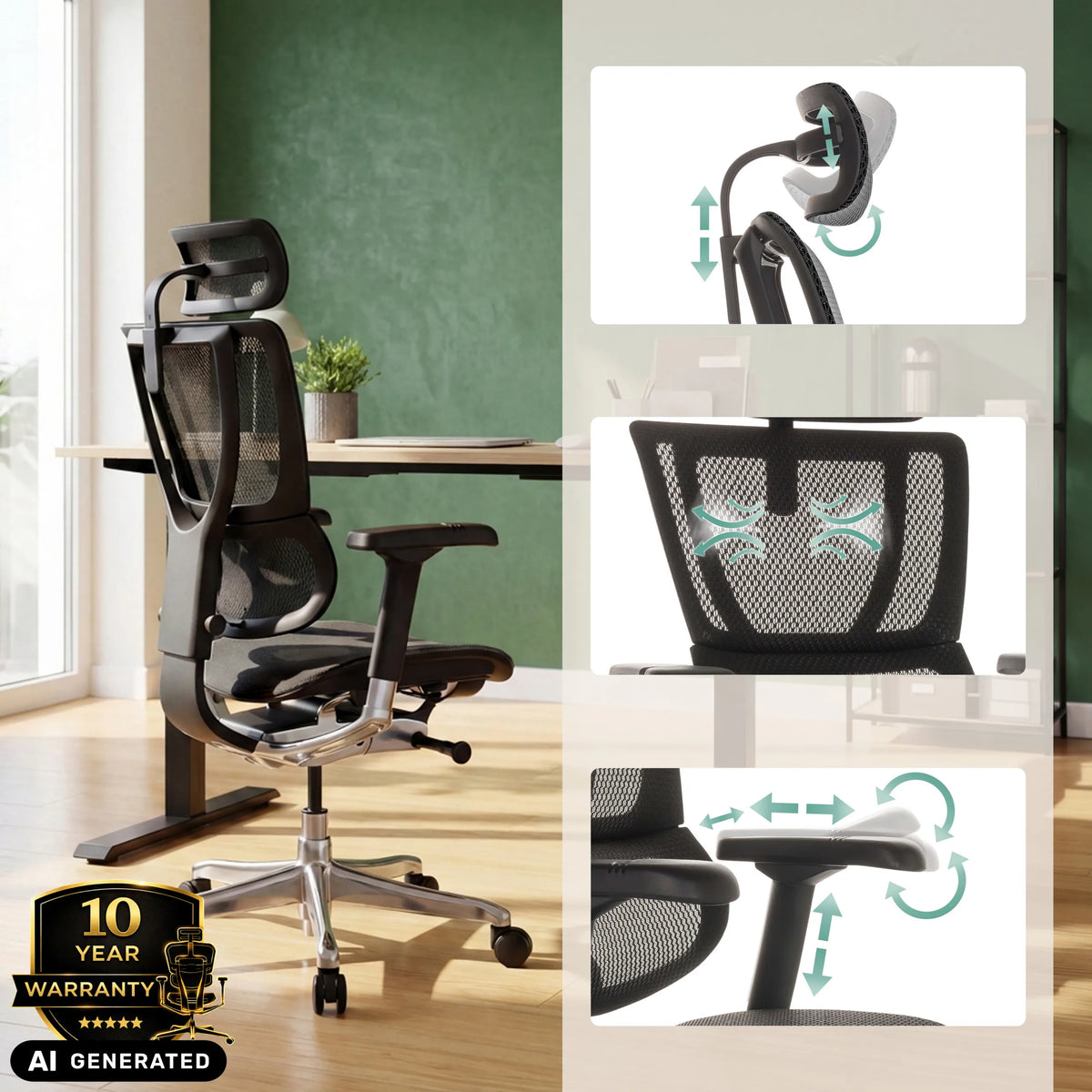 Luxus-Chefsessel ERGOHUMAN SLIM GEN2 mit verstellbarer Kopfstütze und Armlehnen von hjh OFFICE (KI-generiertes Bild)