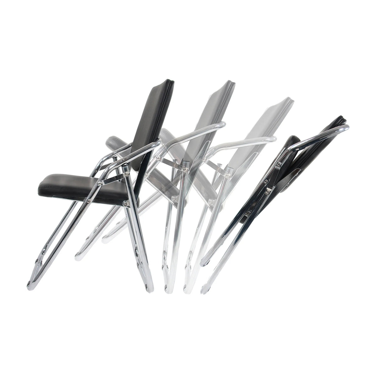 Vier schwarze Klappstühle ESTO mit Gestell aus Chrom in versetzter Anordnung von hjh OFFICE