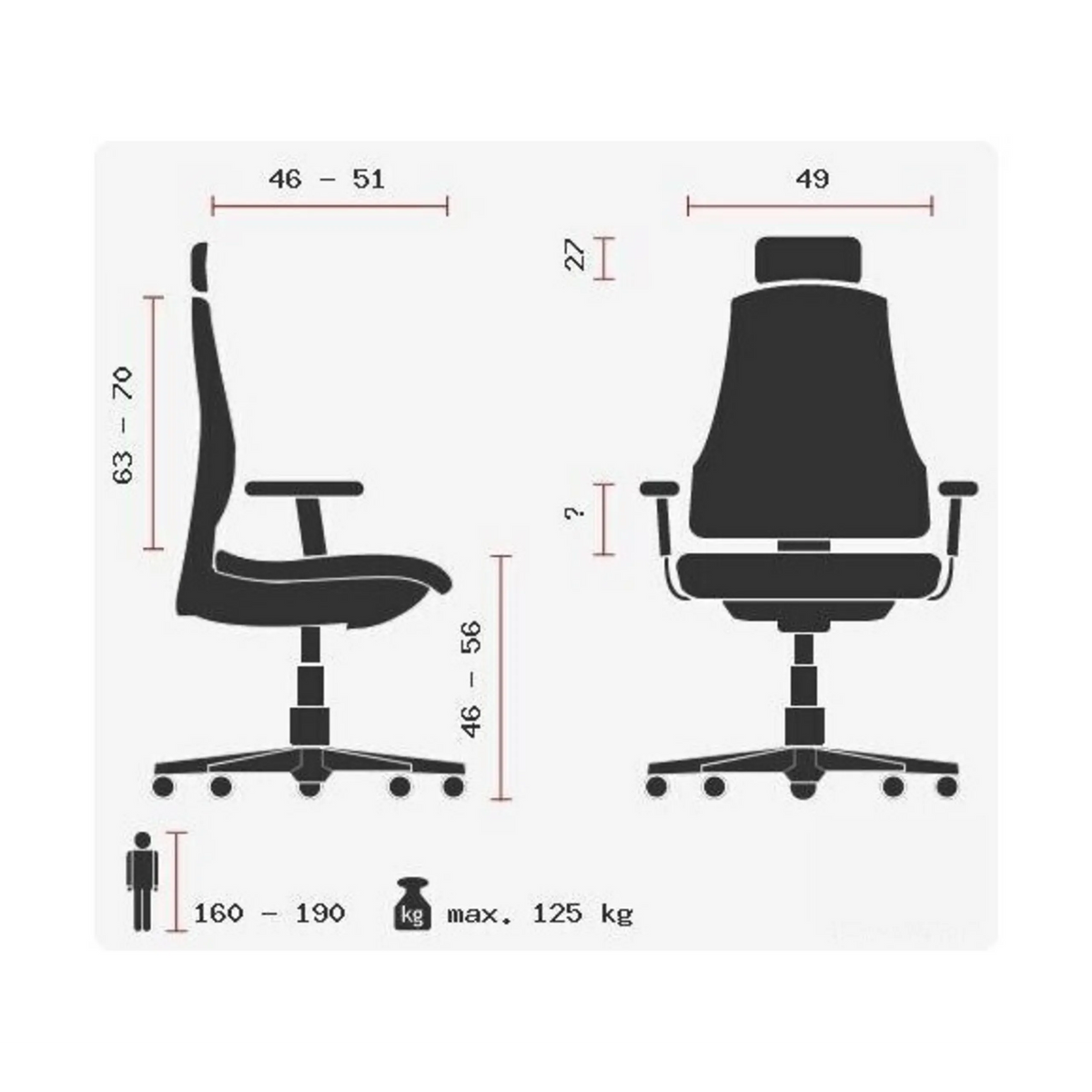 Technische Zeichnung des High-End-Bürostuhls ZERO O1 AL L mit maximal 125 kg Belastbarkeit von Sitwell Steifensand