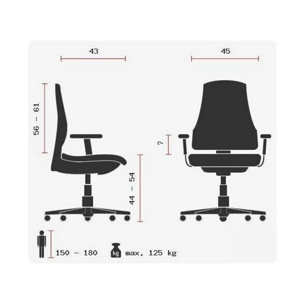 Technische Zeichnung des Profi-Bürostuhls ZERO 35 AL mit einer maximalen Belastung von 125 kg von Sitwell Steifensand