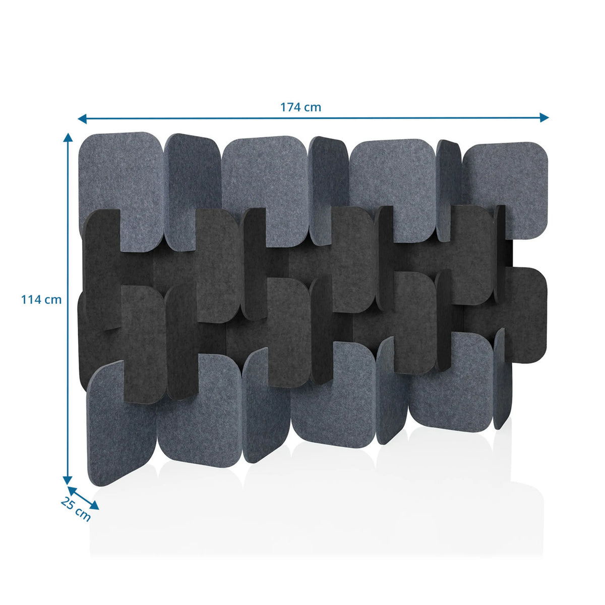 Maßzeichnung der Trennwand FLEXMIUT PLUG mit 174 x 114 cm in Grau und Dunkelgrau von hjh OFFICE
