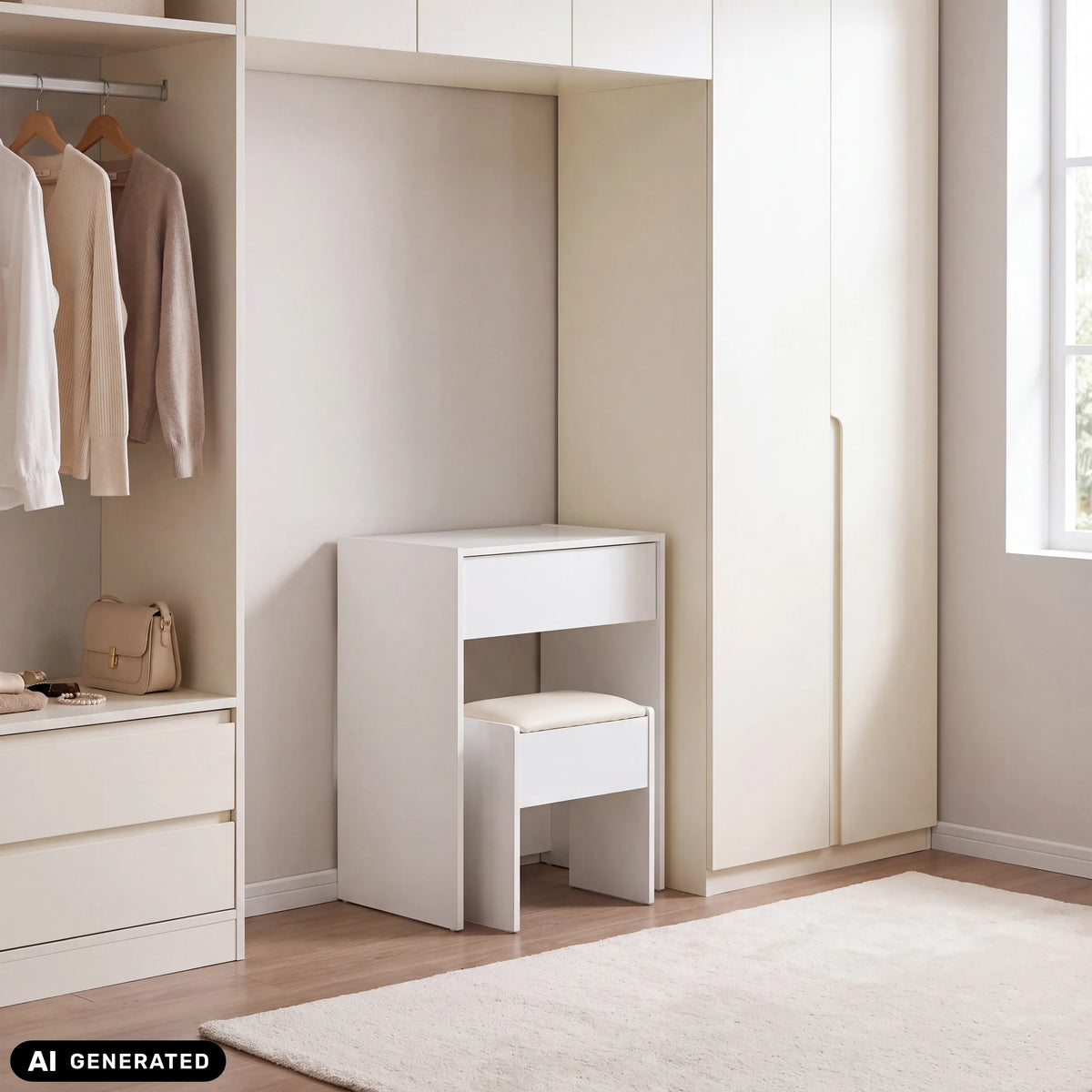 Weißer Schminktisch Glamdesk mit Hocker in einer Schranknische von hjh LIVING (KI-generiertes Bild)