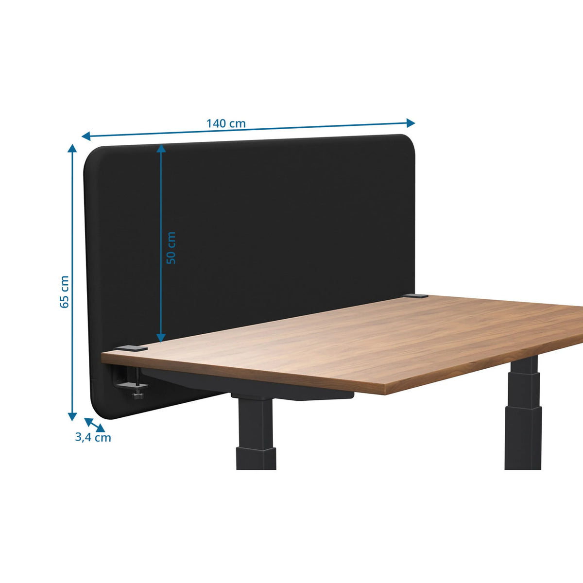 Maßzeichnung der Trennwand Tystiq mit 140 × 65 cm in Graphit/Schwarz von Ergostock