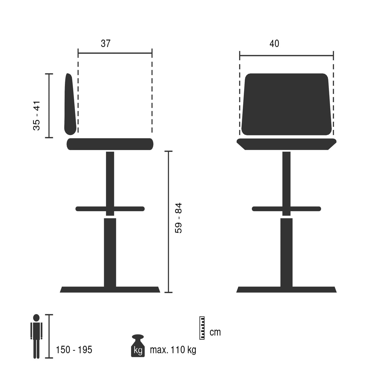 Technische Zeichnung des Counterstuhls Tec 11 High mit einer maximalen Belastung von 110 kg von Topstar