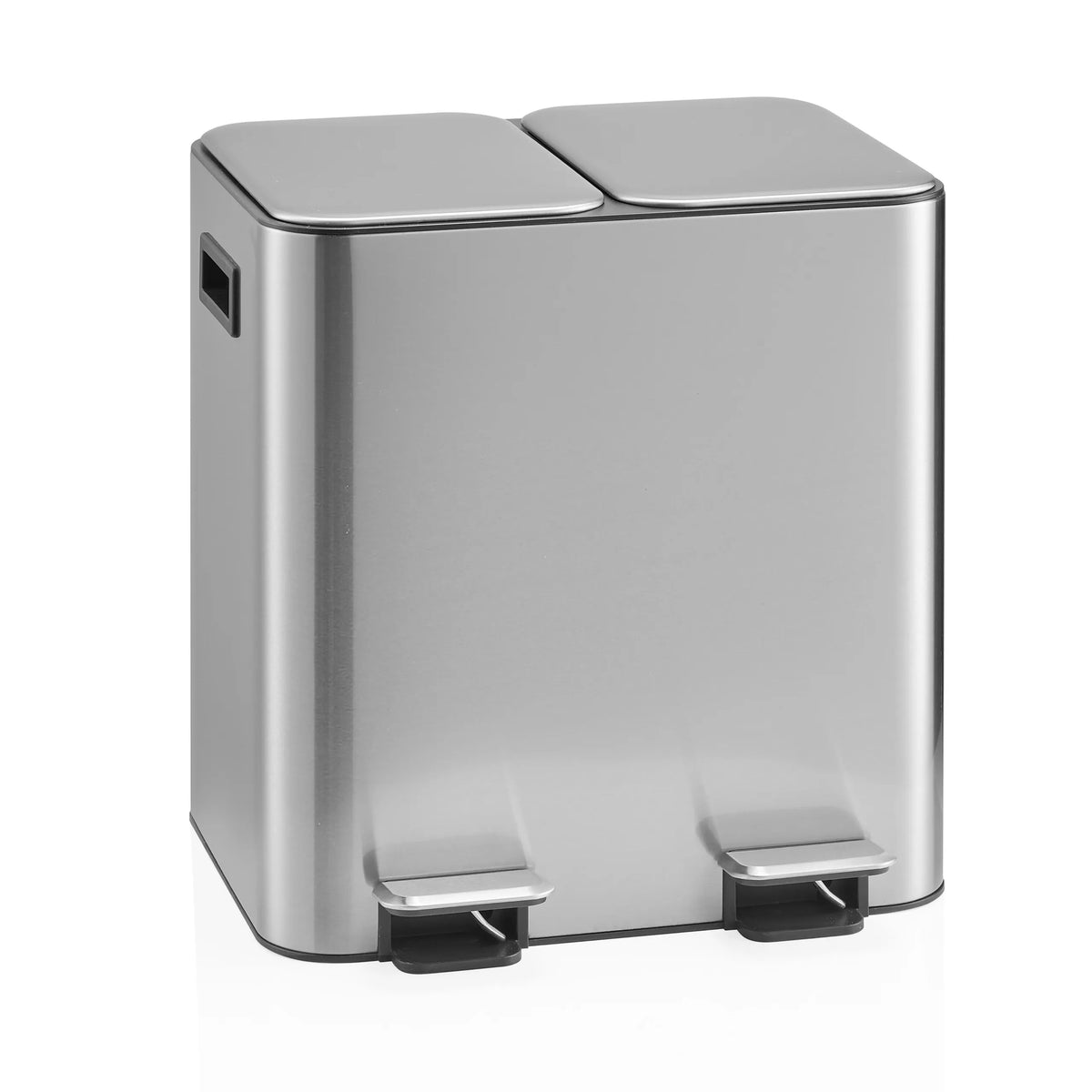 Silberner Mülleimer Clean 10 mit zwei geteilten Deckeln und zwei Trittpedalen von hjh OFFICE – 360-Grad-Ansicht (Frontansicht 15°)