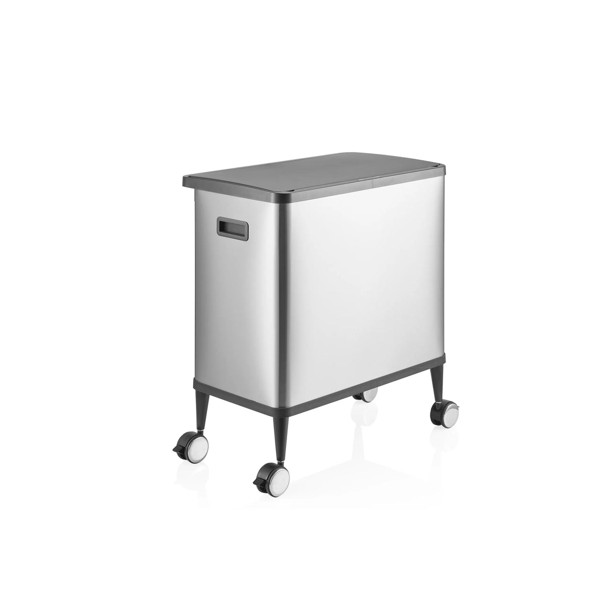 Silberner Mülleimer Clean Mobile mit vier Rollen von hjh OFFICE – 360-Grad-Ansicht (schräge Frontansicht 45°)