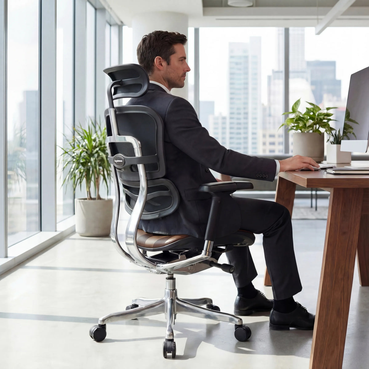 Luxus-Chefsessel ERGOHUMAN GEN2 in Dunkelbraun aus Leder mit verchromtem Gestell an einem Schreibtisch von hjh OFFICE