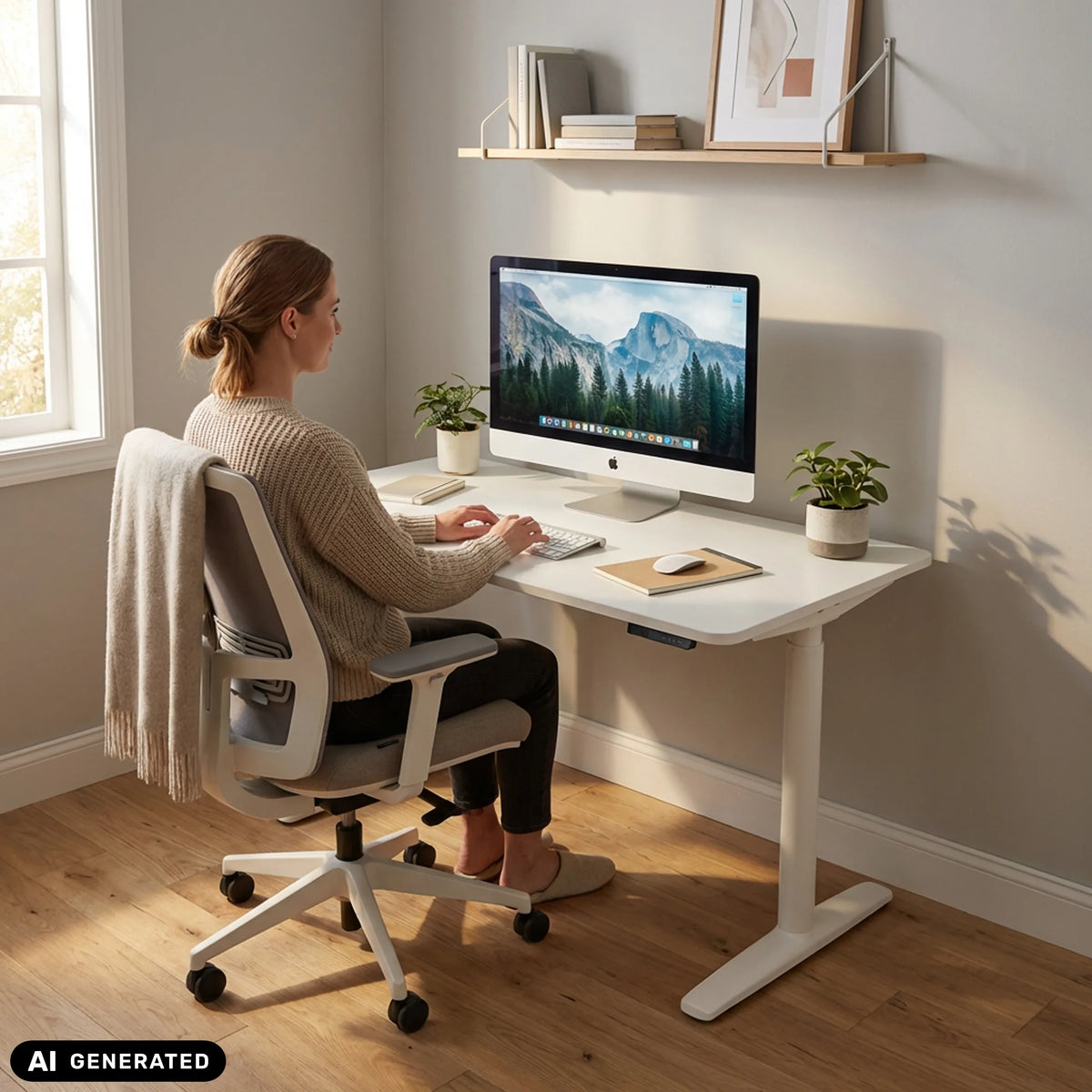 Elektrisch höhenverstellbarer Schreibtisch STAND PRO in Weiß mit Computerausstattung von hjh OFFICE (KI-generiertes Bild)