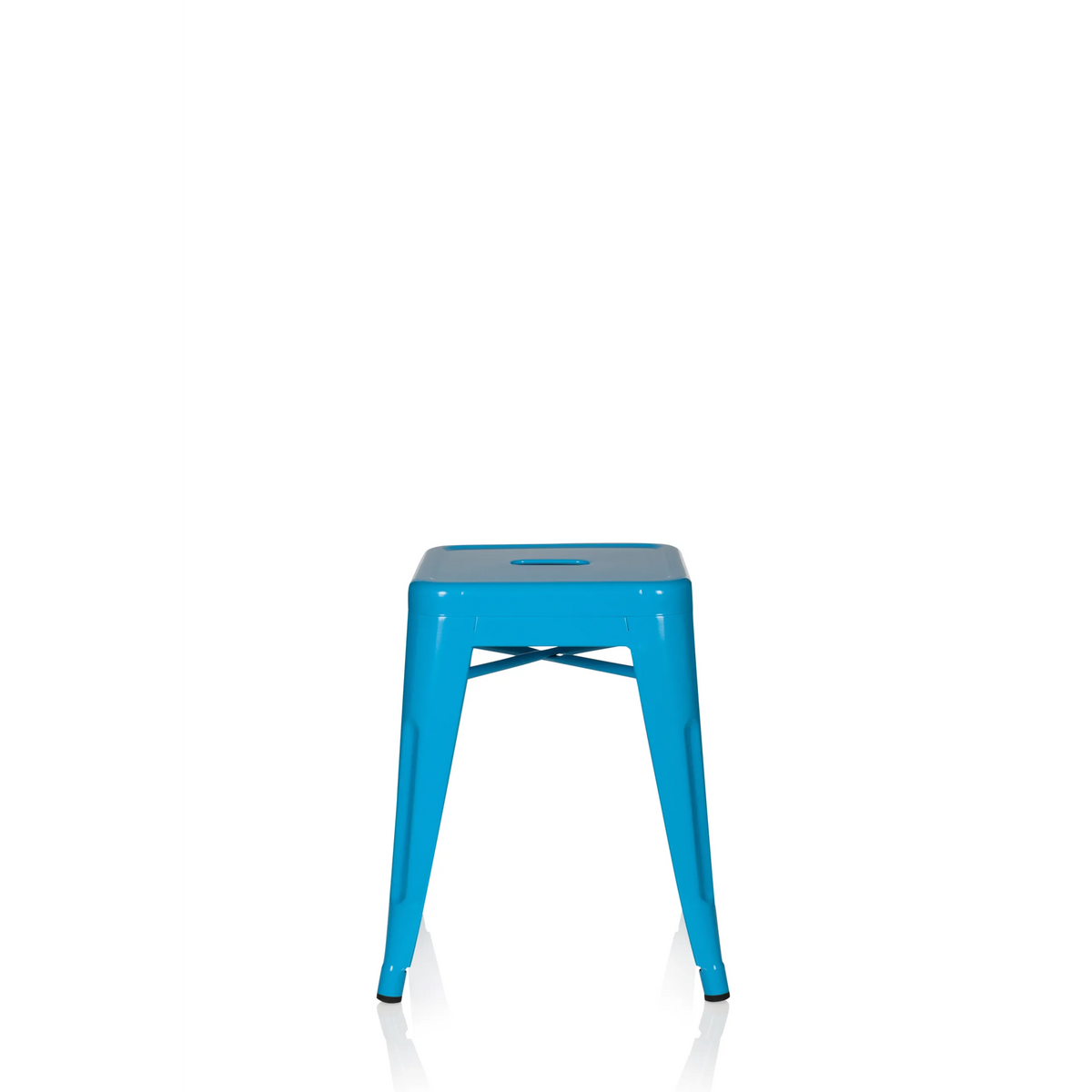 Hellblauer Bistrohocker VANTAGGIO mit quadratischer Sitzfläche und Verstrebungen von hjh OFFICE – 360-Grad-Ansicht (Frontansicht 0°)